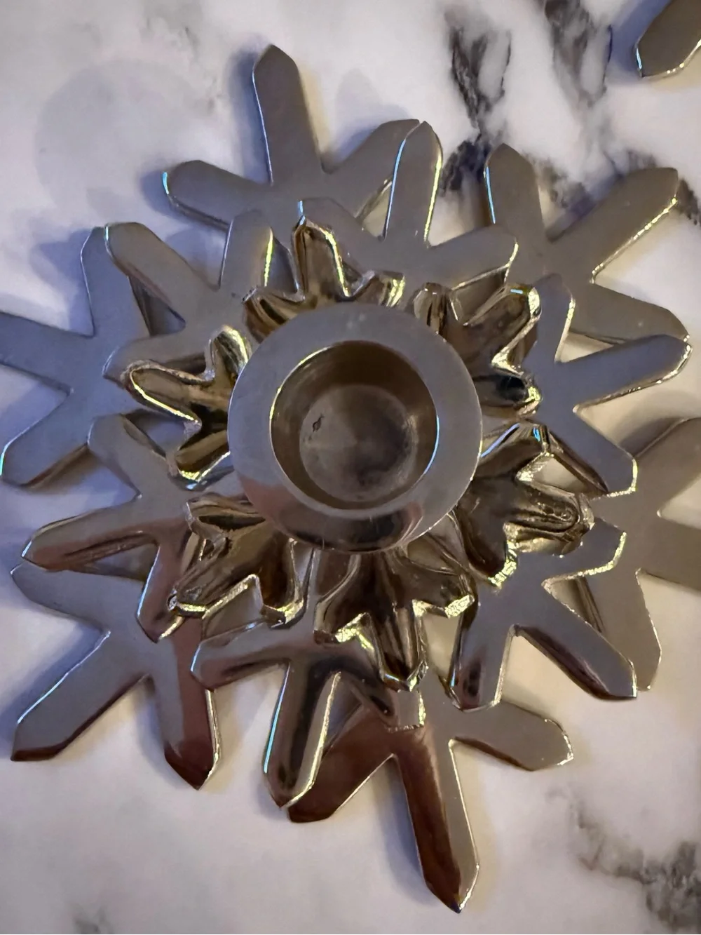 Crate & Barrel Silver Metal Snowflake Taper Candle Holders - Set of 2